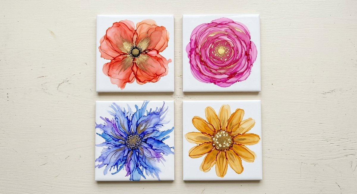 Bonus 4: The Flower Variations Pack, four different alcohol ink flower shapes on tiles