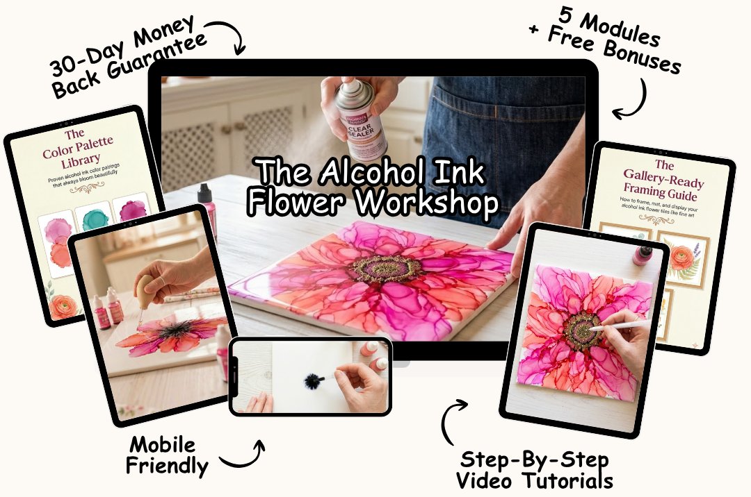 The Alcohol Ink Flower Workshop course preview shown on a tablet, phone, and laptop