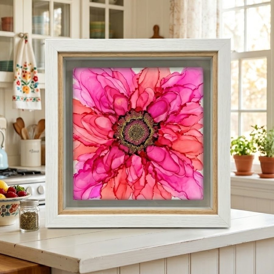 A vivid pink and coral alcohol ink flower in a white frame on a kitchen counter