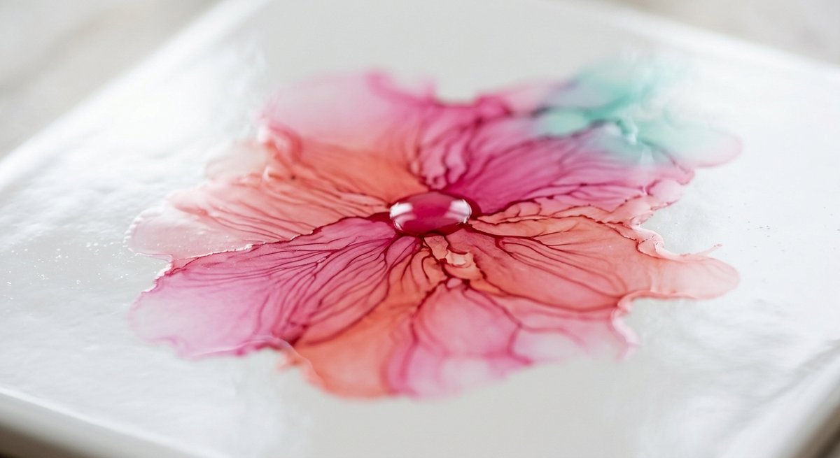 A macro close-up of a single bead of pink and coral alcohol ink feathering into petals on its own on a glossy white tile