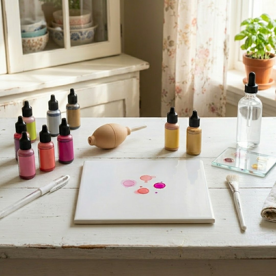 Module 1: an alcohol ink workspace with inks, an air bulb, and a white tile