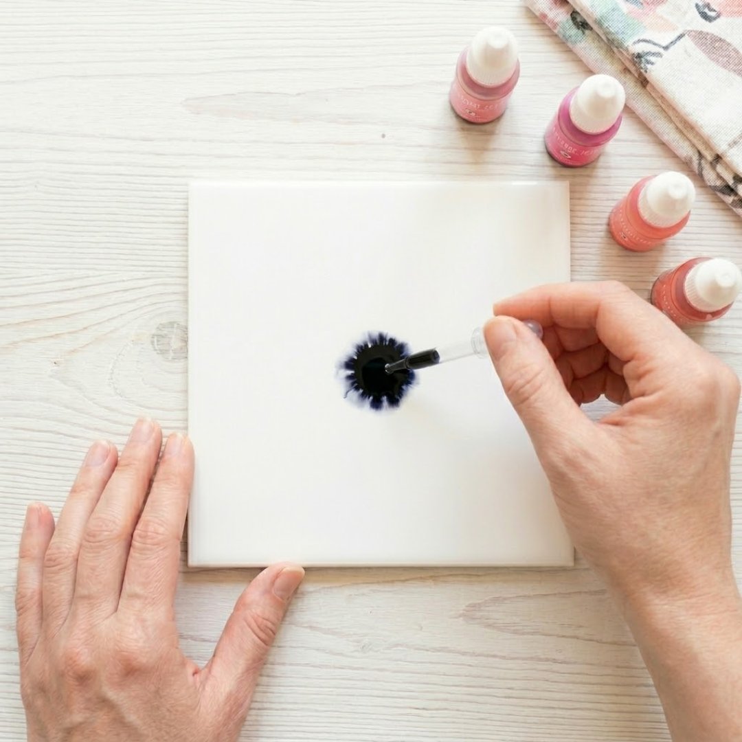 Module 2: a hand placing the dark center dot of an alcohol ink flower on a white tile