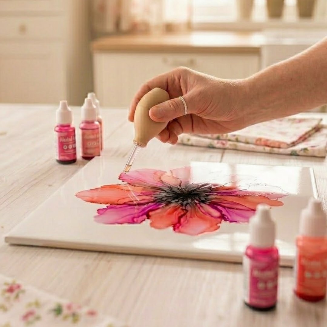 Module 3: a hand using an air bulb to push alcohol ink into petals on a tile
