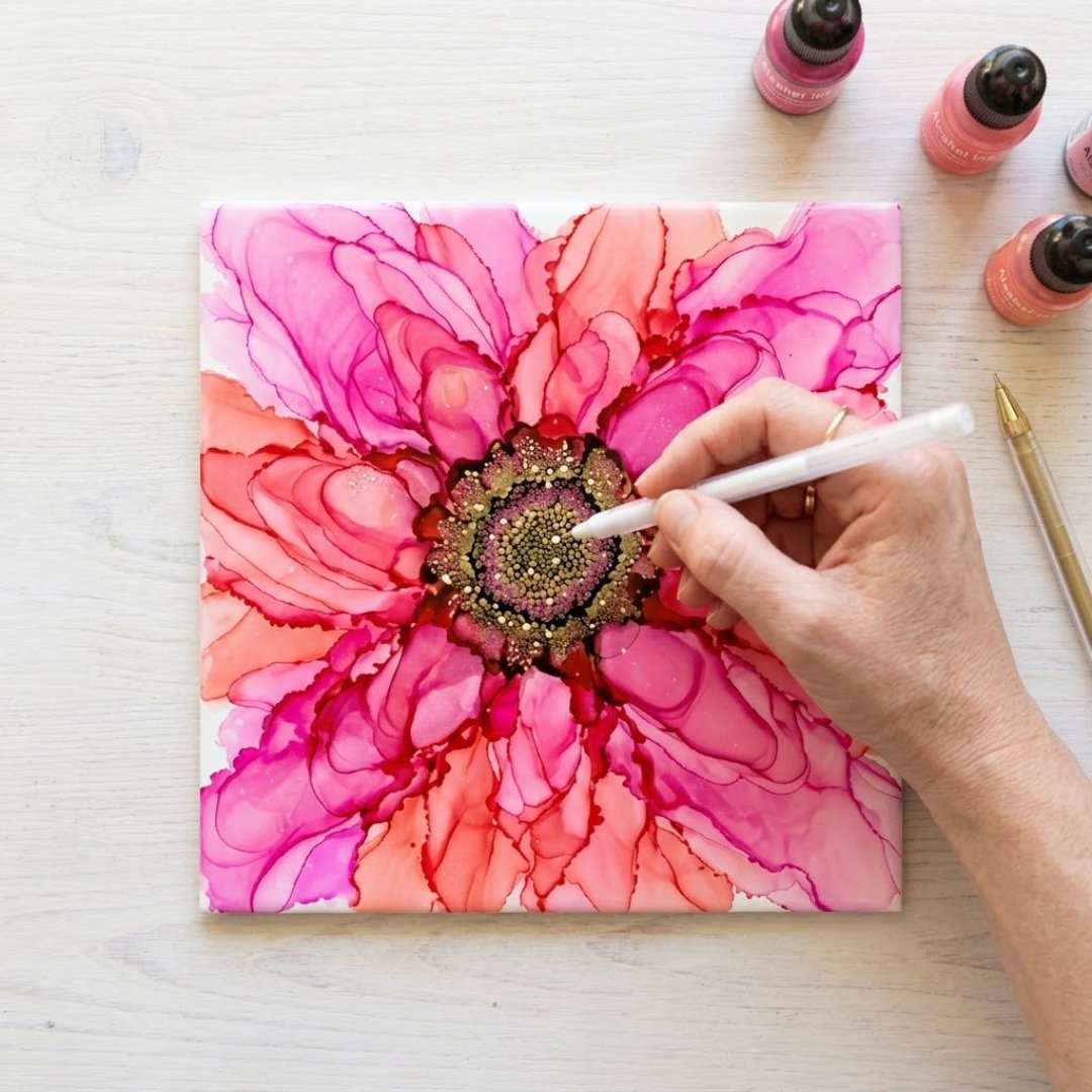 Module 4: a hand stippling fine light dots into the center of a pink alcohol ink flower with a gel pen