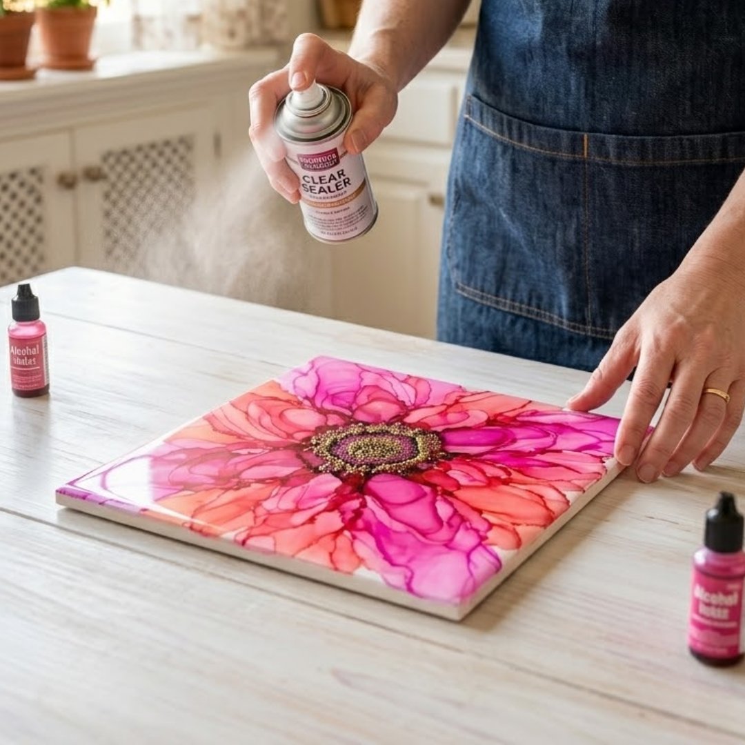 Module 5: a hand spraying sealer over a finished pink alcohol ink flower tile