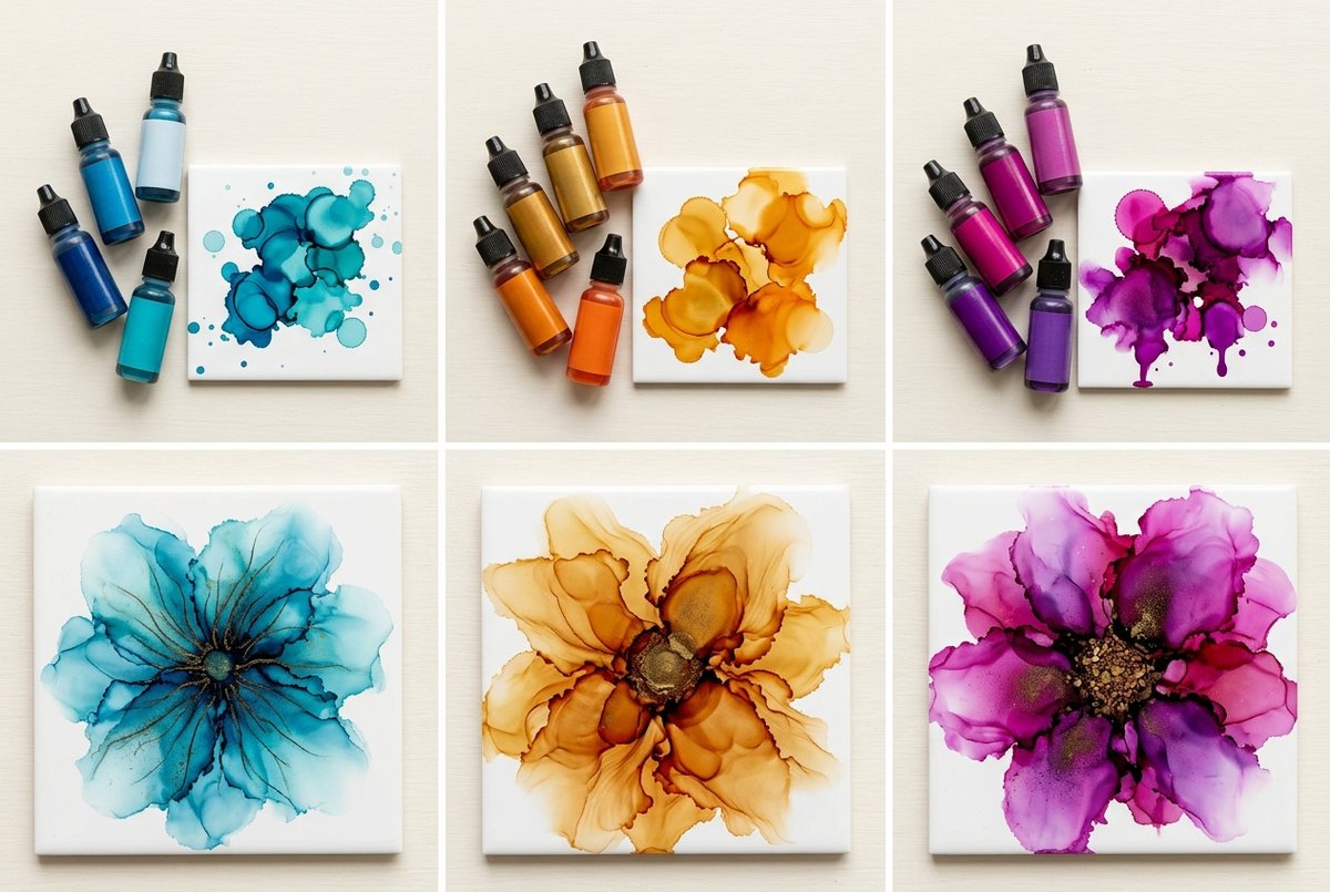 Three groupings of blue, amber, and magenta alcohol inks above three matching finished alcohol ink flowers in blue, amber, and magenta, showing how the inks you choose decide the color of your flower