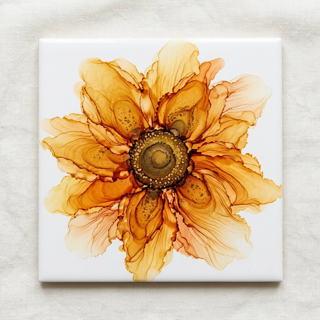 Alcohol ink flower in warm golden amber and orange on a white tile