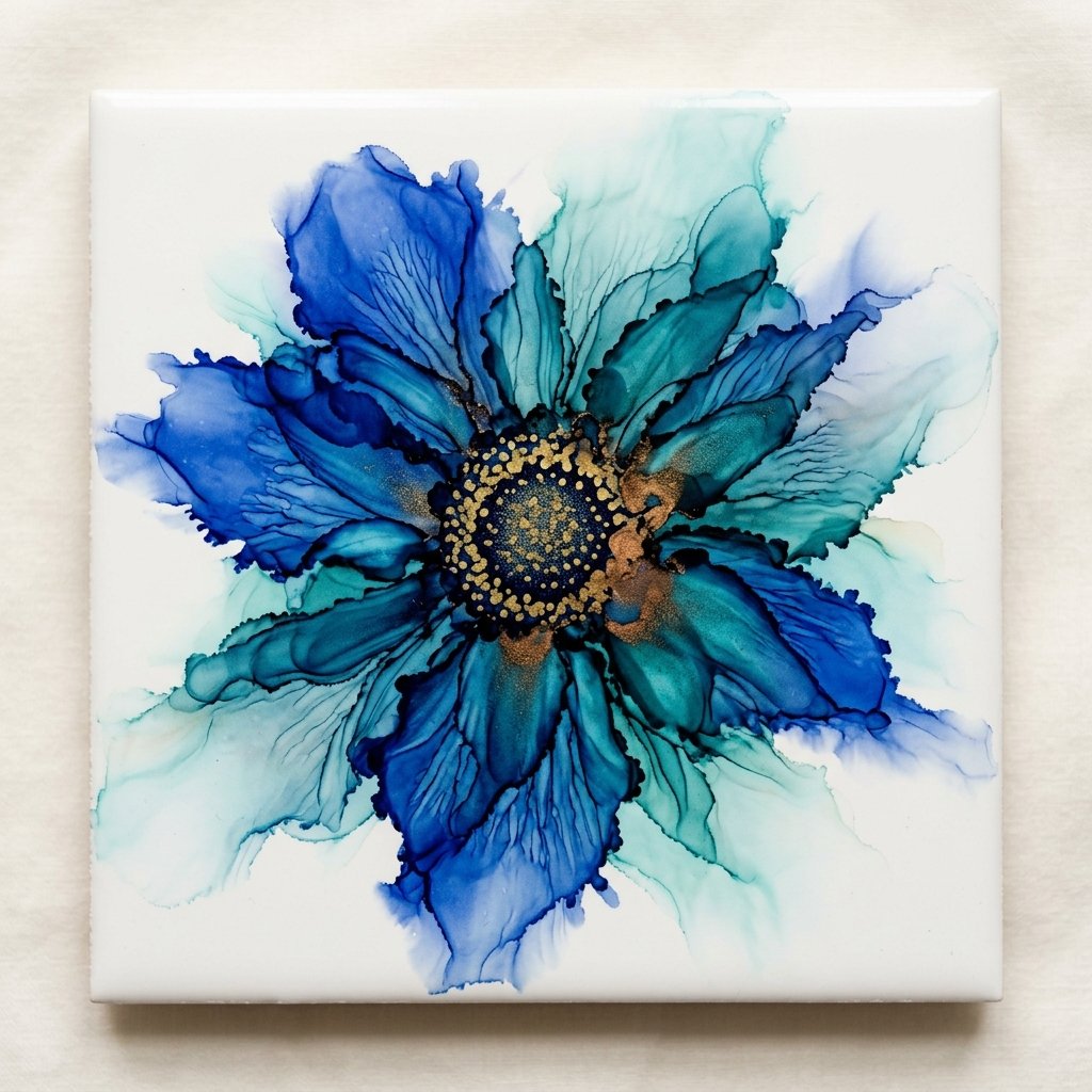 Alcohol ink flower in cobalt blue and teal on a white tile