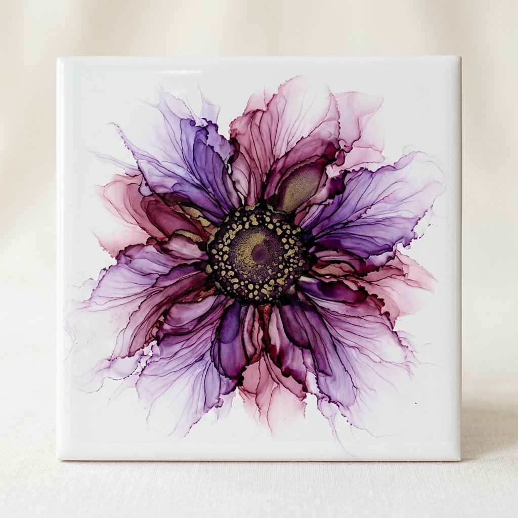 Alcohol ink flower in violet, magenta, and plum on a white tile